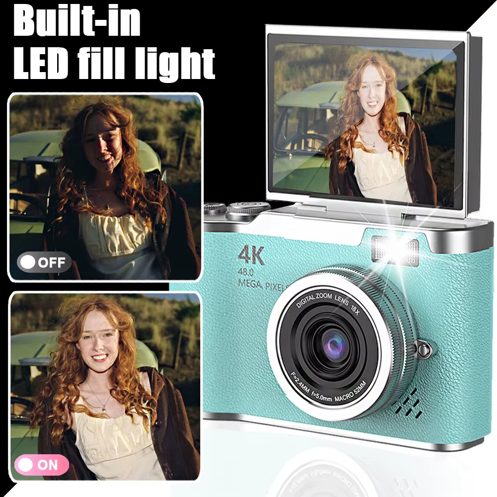 4K CCD 8X Digital Zoom Digital Camera for Student 48MP Compact Digital Photography Camera 180°Flip Screen Selfile Camera